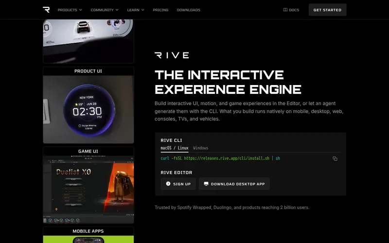 Screenshot of the Rive homepage