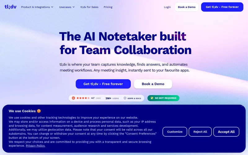 Screenshot of the tl;dv homepage