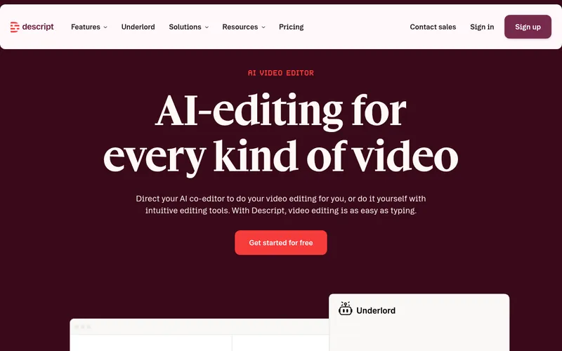 Screenshot of the Descript homepage