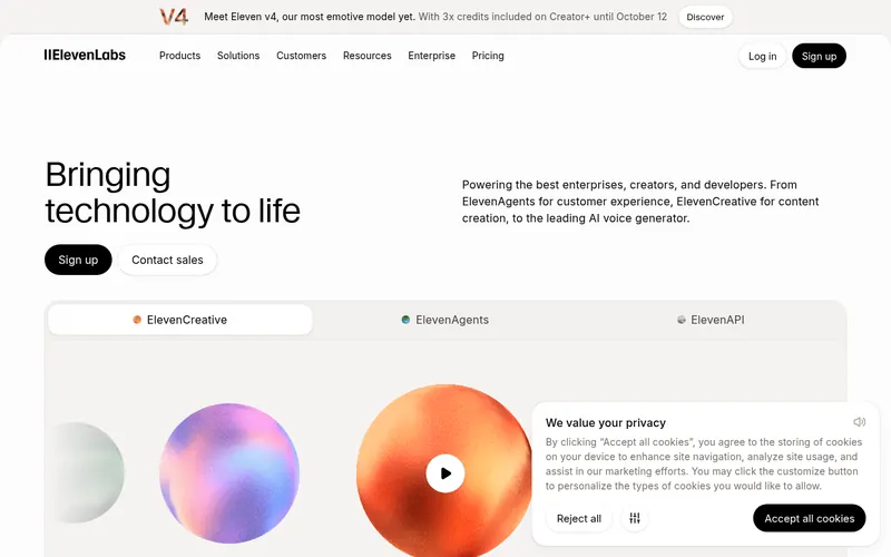 Screenshot of the ElevenLabs homepage