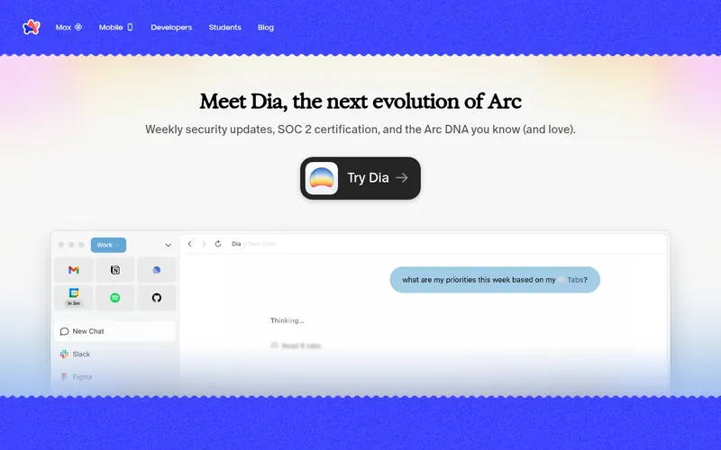 Screenshot of the Arc homepage