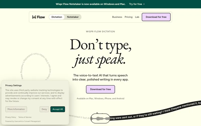 Screenshot of the Wispr Flow homepage