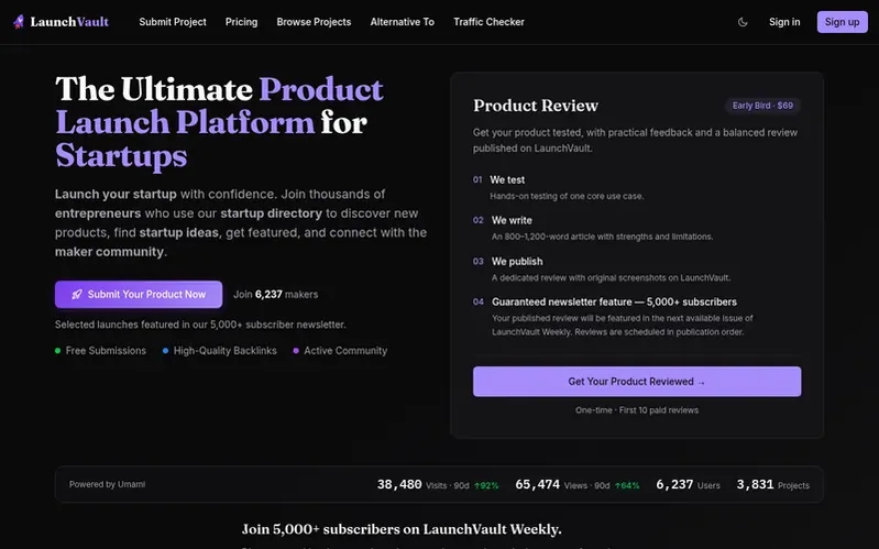 Screenshot of the Launch Vault homepage