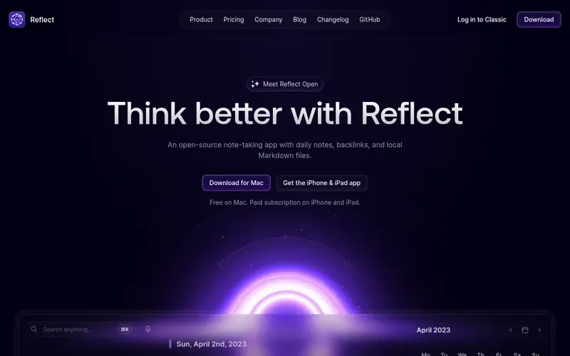 Screenshot of the Reflect homepage