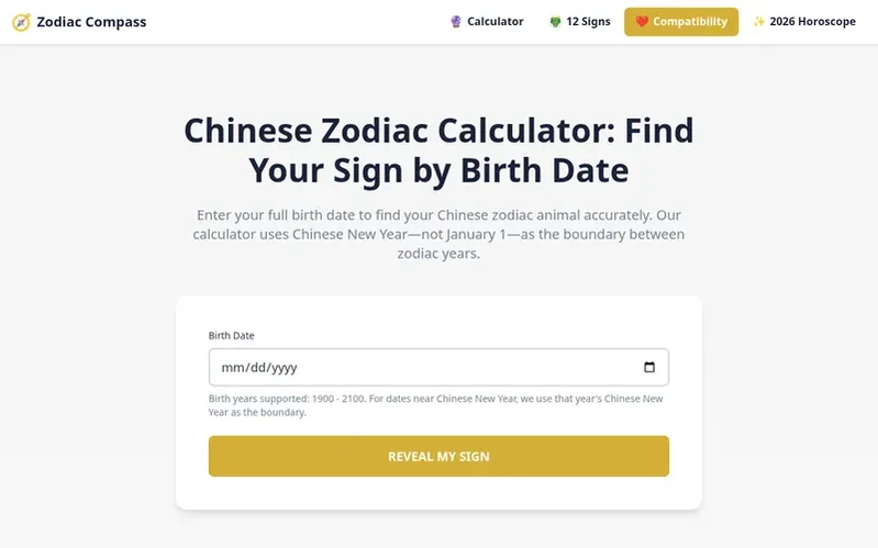 Screenshot of the Zodiac Compass homepage