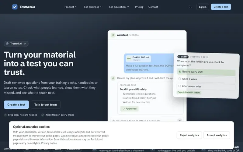 Screenshot of the TestSetGo™ homepage