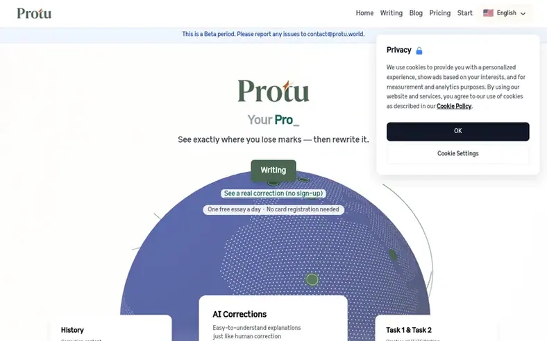 Screenshot of the Protu homepage
