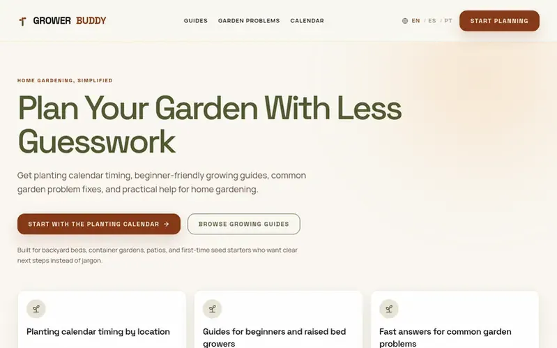 Screenshot of the GrowerBuddy homepage